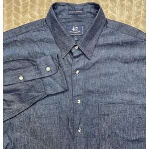 417 Authentic Shirtwear Van Heusen Mens 16 34-35 Blue Denim Long Sleeve Buttonup